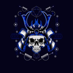 blue samurai skull helmet with sacred geometry for wallpaper, Banner, T-shirt, Poster, Hoodie, Tottebag, Background, Card, Book Illustration, And Web Landing Page