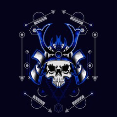 blue samurai skull helmet with sacred geometry for wallpaper, Banner, T-shirt, Poster, Hoodie, Tottebag, Background, Card, Book Illustration, And Web Landing Page