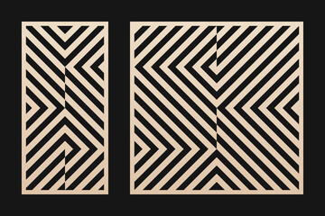 Laser cut pattern set. Vector template with abstract geometric ornament, lines, stripes, chevron. Decorative stencil for laser cutting of wood, metal, plastic, decor element. Aspect ratio 1:2, 1:1