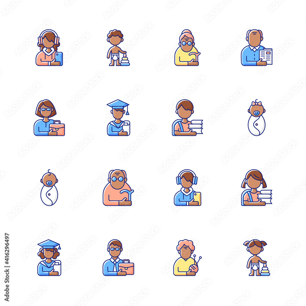 Poster different age and gender groups rgb color icons set. aging process. child development. adolescent ye