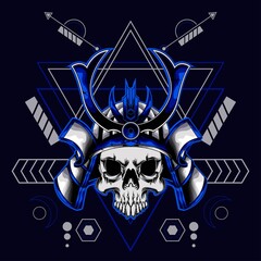 blue samurai skull helmet with sacred geometry for wallpaper, Banner, T-shirt, Poster, Hoodie, Tottebag, Background, Card, Book Illustration, And Web Landing Page