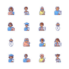 Fototapeta premium Different age and gender groups RGB color icons set. Aging process. Child development. Adolescent years. Teenager. Senior citizen. Middle-aged person. Early adulthood. Isolated vector illustrations