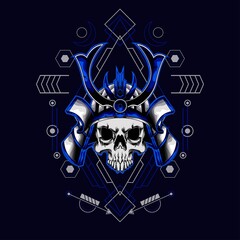 blue samurai skull helmet with sacred geometry for wallpaper, Banner, T-shirt, Poster, Hoodie, Tottebag, Background, Card, Book Illustration, And Web Landing Page