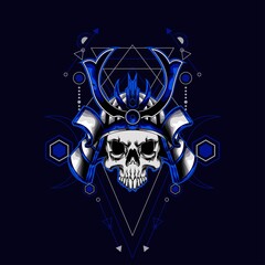 blue samurai skull helmet with sacred geometry for wallpaper, Banner, T-shirt, Poster, Hoodie, Tottebag, Background, Card, Book Illustration, And Web Landing Page