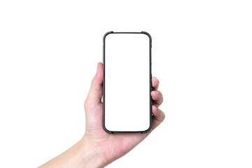 Asia man hand holding black smartphone isolated