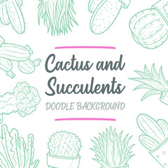 Cactus and Succulents Doodle Banner Icon. Decoration Plant Vector Illustration Hand Drawn Art. Line Symbols Sketch Background.