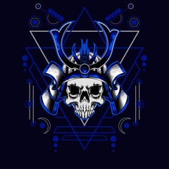 blue samurai skull helmet with sacred geometry for wallpaper, Banner, T-shirt, Poster, Hoodie, Tottebag, Background, Card, Book Illustration, And Web Landing Page