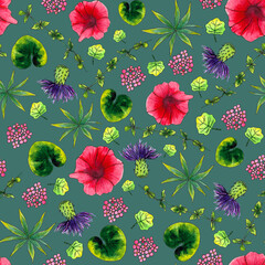 Watercolor meadow flowers and leaves seamless pattern