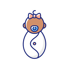 Female newborn RGB color icon. Infancy stage. Rapid growth after birth. Neonatal period. Burping, dressing, diapering. Child development. 0-3 months years old baby. Isolated vector illustration