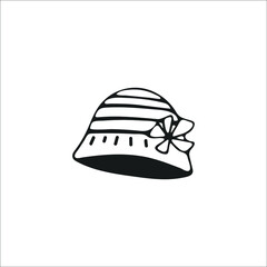 Hand-drawn ladies panama with flower, one piece. Graphic drawing, sketch, contour drawing isolated on white. Vector illustration