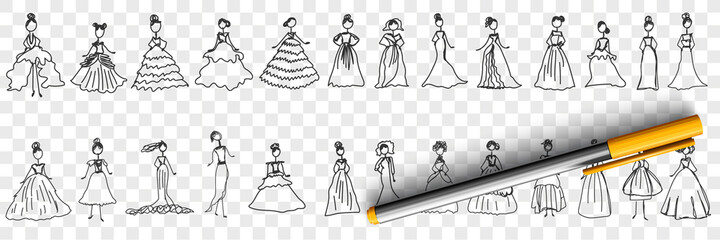 Feminine elegant dresses doodle set. Collection of hand drawn stylish fashionable elegant dresses for cocktails party wedding ball or carnival isolated on transparent background