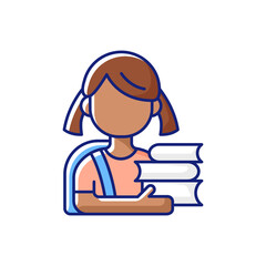 Schoolgirl RGB color icon. Physical, cognitive growth. Mental development. Elementary education. Period between infancy and adolescence. Relationship skills improvement. Isolated vector illustration