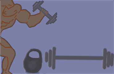 3 D - rendering. Male muscular figure. Hand holds a dumbbell. A barbell and a kettlebell lie nearby.