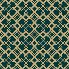 Golden diamond grid vector seamless pattern. Abstract geometric texture with diagonal lines, rhombuses, squares, mesh, lattice, grill. Simple gold and dark green background. Luxury repeat design