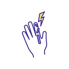 Finger fractures RGB color icon. Bones and tissues deformity, sprains. Hand injury. Breaking bone. Jammed finger. Swelling, tenderness. Treatment and recovery. Isolated vector illustration