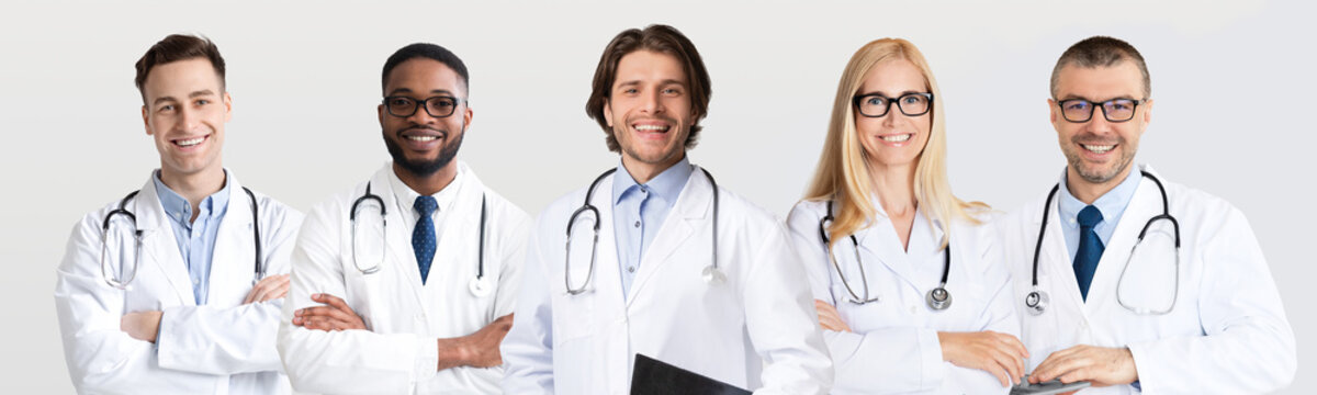 Collage Of Multiracial Doctors Portraits With Happy Medical Workers