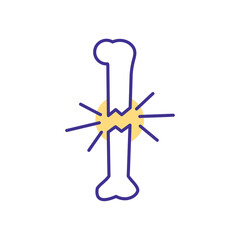 Brittle bone disease RGB color icon. Fragile, broken bones. Fracture complications. Medical condition. Injured area. Tissues and muscles damage. Swelling and deformity. Isolated vector illustration