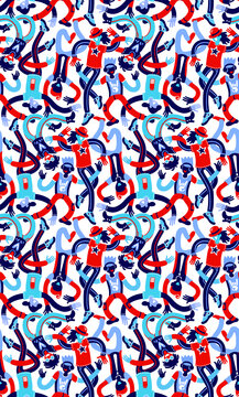 Dancing young men boys and girls. Vector seamless pattern with dancing people. Rave, Collage, Dancers, Friendship day, Fashion illustration, Sales. Holiday print shirt. 