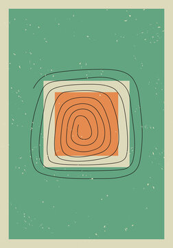 Contemporary, modern art. Doodle. Trendy abstract aesthetic creative minimalist artistic hand drawn poster with spiral and square ideal for wall decoration, as postcard or cover, print, background.
