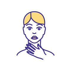 Asphyxia RGB color icon. Abnormal breathing. Respiratory process disturbance. Asphyxiation. Oxygen supply insufficiency to body. Breathing passageways injury. Isolated vector illustration