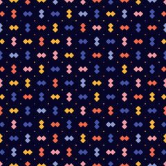 Vector minimalist seamless pattern. Simple minimal texture with small colorful squares, diamond shapes on black backdrop. Stylish abstract background. Repeat design for decor, wallpaper, print, wrap