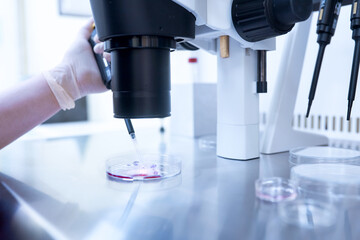 Equipment on laboratory of Fertilization, IVF. Microscope of reproductive medicine clinic...