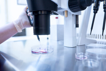 Equipment on laboratory of Fertilization, IVF. Microscope of reproductive medicine clinic fertilizing egg outside female body. Disease laboratory research