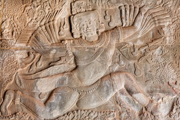 Beautiful artwork with Ravana, bas-relief of Angkor What temple, 12th century Khmer landmark. Cambodian complex and UNESCO World Heritage Site