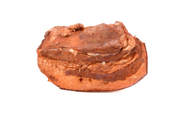 Pork fat.A piece of homemade boiled brisket with meat layers is isolated on a white background.