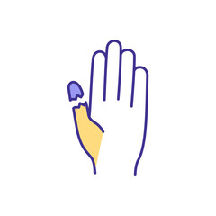 Avulsion injury RGB color icon. Fingertip injury. Forcible body part separation. Fractures. Finger amputation. Traumatic amputation. Devastating hand injuries. Isolated vector illustration