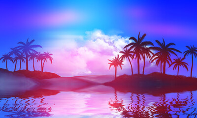 Naklejka na ściany i meble Abstract futuristic background. Silhouettes of palm trees on a tropical island are reflected on the water, neon shapes against the background of an ultraviolet cloud. Beach party. 3d illustration