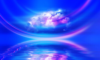 Glowing neon shapes passing through the cloud against the blue sky. Reflection on the water. Seascape background with neon glow. 3d illustration
