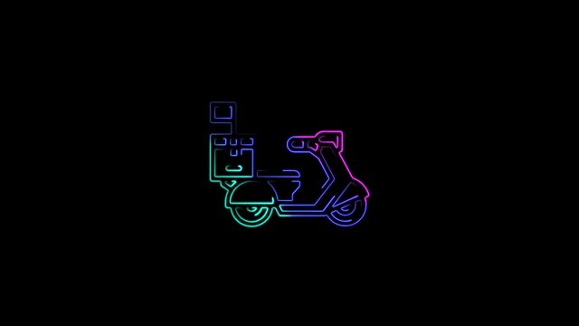 Food delivery scooter icon abstract seamless animation of 4K neon lines. Beautiful animation of multicolored neon lines 4k video.
