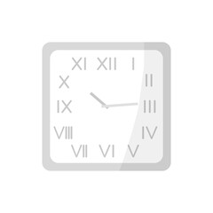 Modern clock on the wall. The clock is square with Roman numerals and two hands. Flat vector illustration