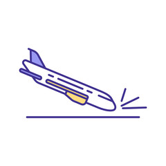 Aviation accident RGB color icon. Air disasters. Airplane crashes. Pilot error. Maintenance failures, inclement weather. Unforeseen plane hazards. Aircraft hitting land. Isolated vector illustration