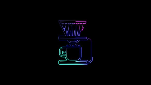 Coffee machine icon abstract seamless animation 4K neon lines. Beautiful animation of multicolored neon lines 4k video.

