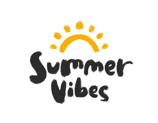 Hand drawn type lettering composition of Summer Vibes with hand drawn brush sun