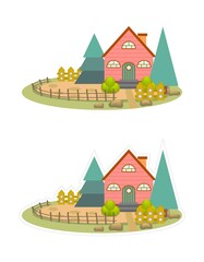 Vector sticker with white outline of rural home isolated on white background. Cartoon clipart of farm house with trees and wooden fence