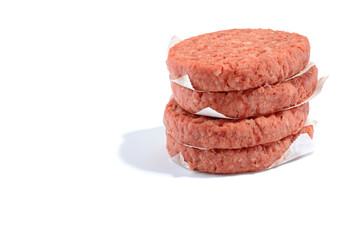 Raw beef patties for making a burger.Isolated on a white background.Selective Focus.