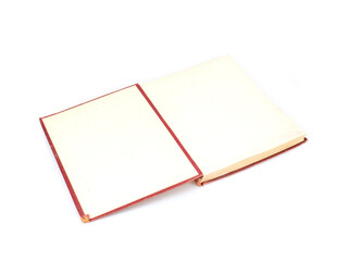 Open old book in brown cover with white sheets isolated on a white background