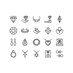 Jewelry line icon set. Includes such Icons as ring, bracelet, earrings, diamond, necklace and more. Outline vector icons for web design isolated on white background. Editable stroke
