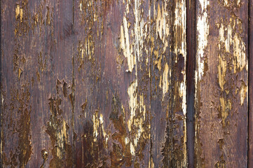 Background of an antique, cracked, vintage wooden wall in brown and beige color 