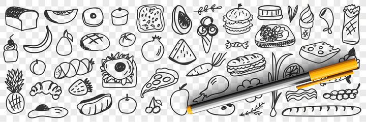 Fresh ingredients and foods doodle set. Collection of hand drawn pizza bread fruits vegetables ice cream sandwich cupcakes desserts sausage for healthy eating isolated on transparent background