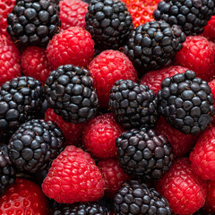 Raspberries and blackberries close-up. Berry background. Top view, flat lay. Berries pattern.