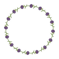 Fototapeta na wymiar Round frame with violet aster flowers on white background. Doodle style. Vector image.
