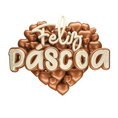 Label Happy Easter with hearts and chocolate. 3d render