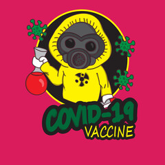 vector doodle cartoon mascot logo mask and complete medical equipment holding covid vaccine chemical liquid 19