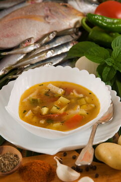 Caldo de pescado soup, food of the Canary Islands, Spain