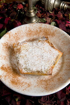Bstilla, Moroccan pie with pigeon, raisin, sugar, cinnamon, Morocco