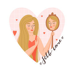 Woman looking at herself in the mirror. Heart shaped composition. Self care, self acceptance, love yourself, narcissism concept. Vector illustration on white background.